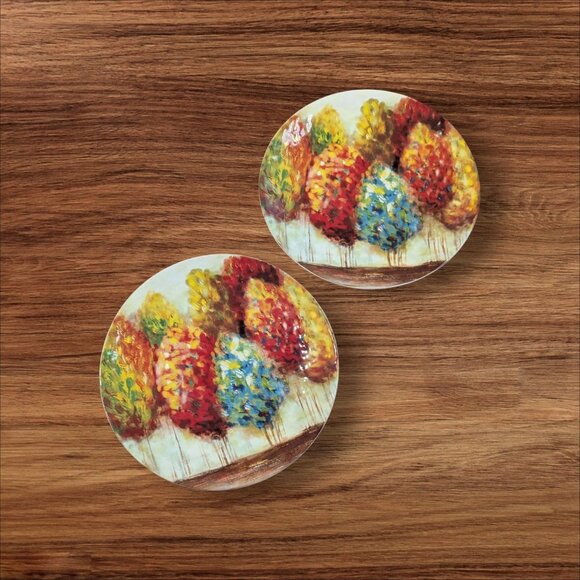 Set Of 2 Pier 1 Imports Colorful Abstract Tree Plates Stoneware Art China 8.5" - Picture 1 of 8